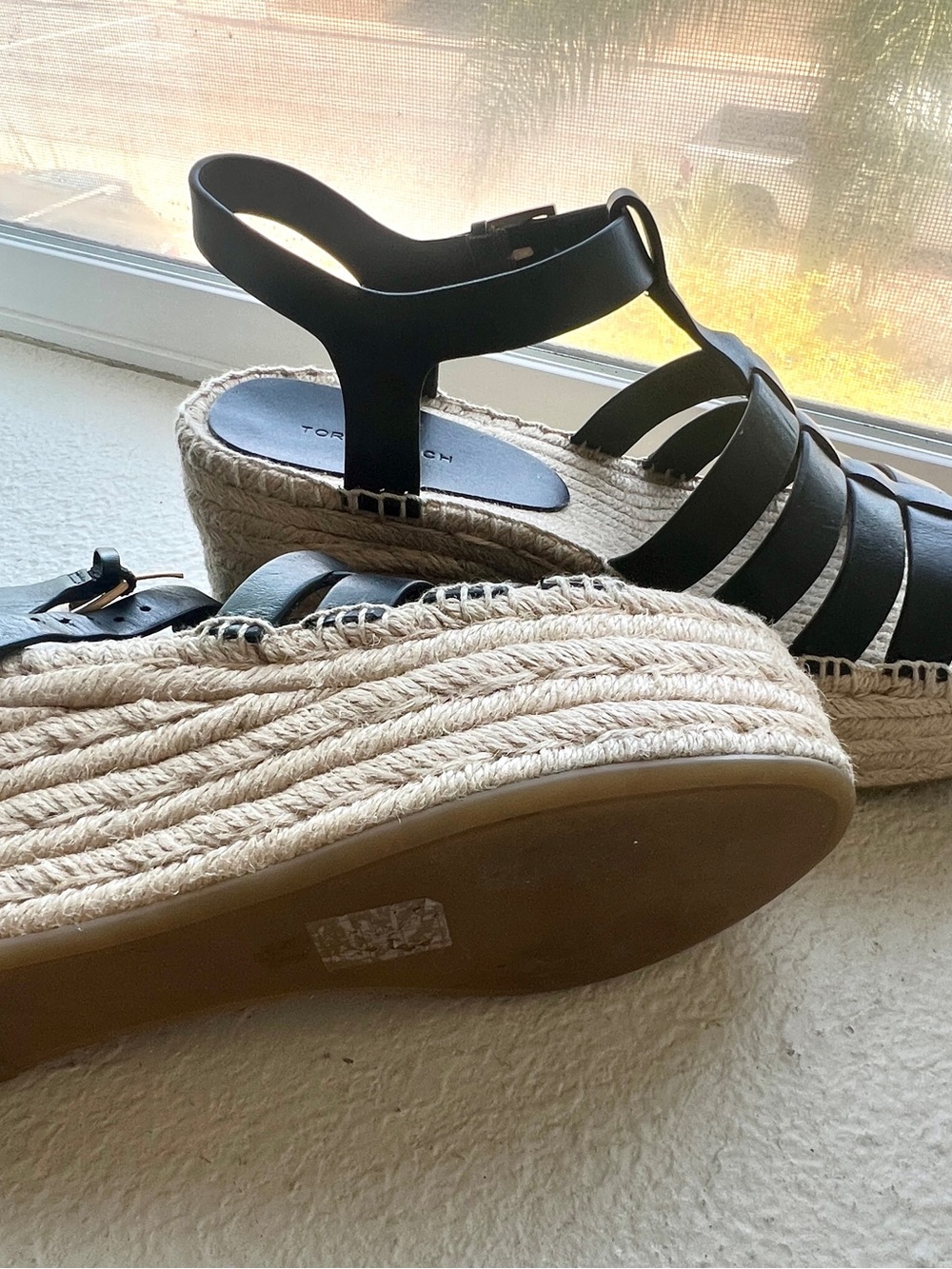 Tory Burch Black Leather Espadrille Wedge Sandals - Picture 2 of 4